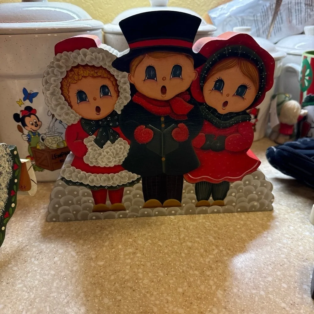 Vintage Hand Painted Wooden Holiday Christmas Carolers Decor and Set Ice Skaters
